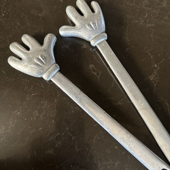 Vintage Disney Mickey Mouse Hands Cast Aluminum Salad Tongs Mixer Spoons Metal - Picture 6 of 8
